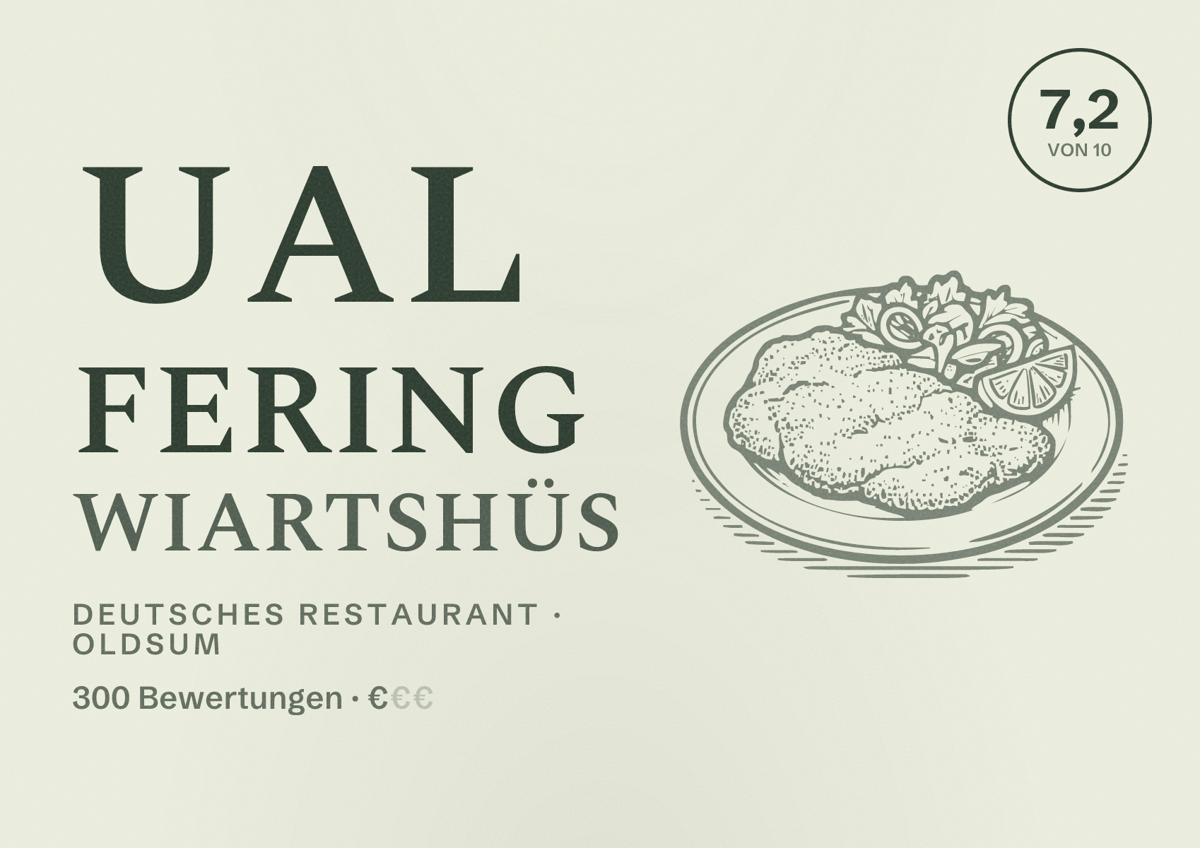 Illustriertes Poster von Ual fering Wiartshüs, Deutsches Restaurant in Oldsum: Bewertung 7,2 von 10 aus 300 Bewertungen, Preisniveau €