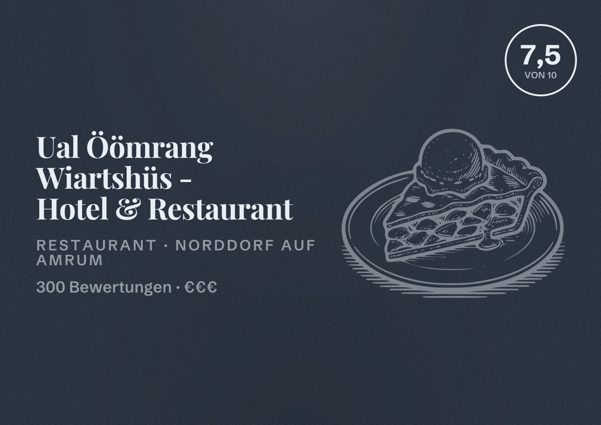 Illustriertes Poster von Ual Öömrang Wiartshüs - Hotel & Restaurant, Restaurant in Norddorf auf Amrum: Bewertung 7,5 von 10 aus 300 Bewertungen, Preisniveau €€€