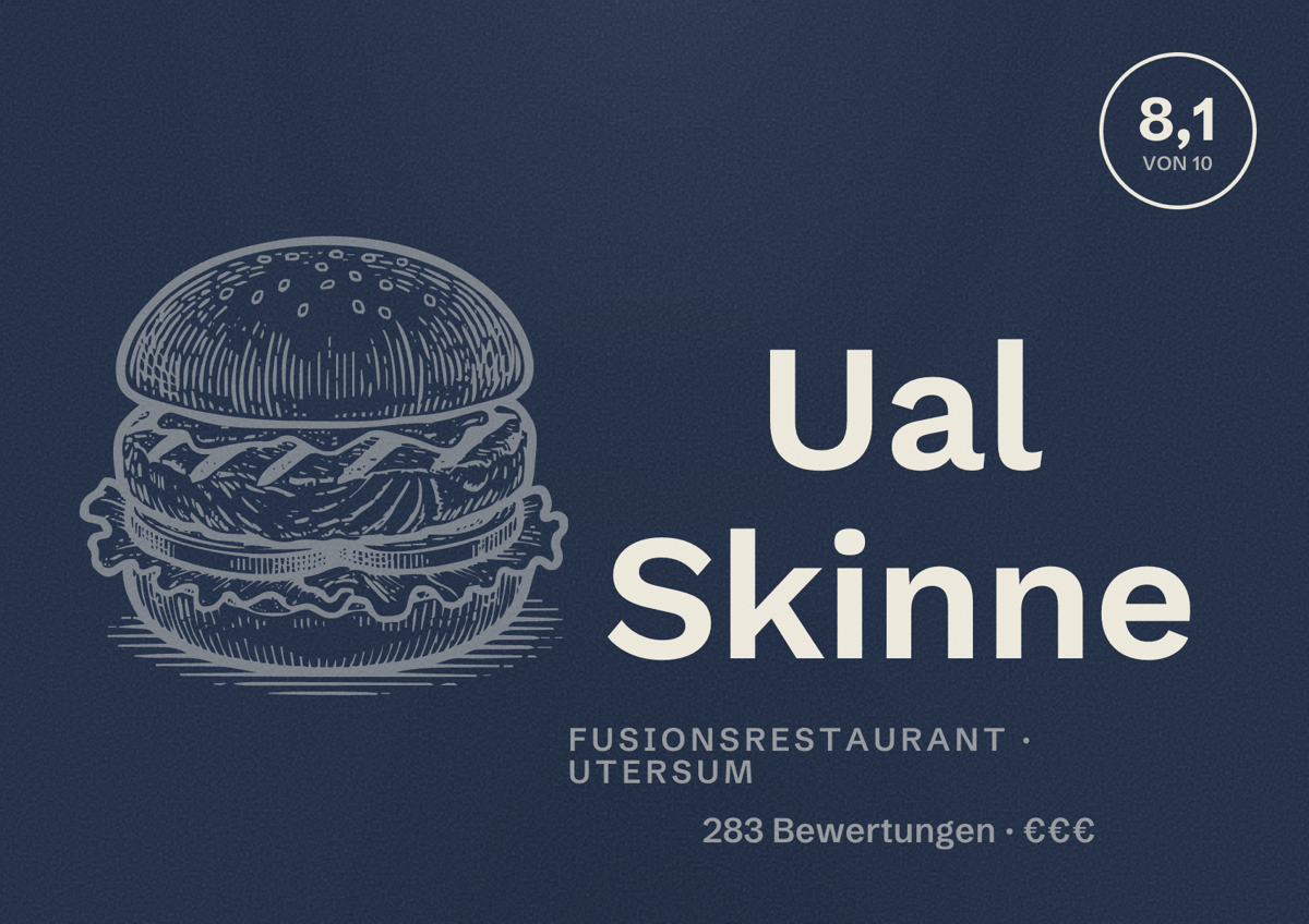 Illustriertes Poster von Ual Skinne, Fusionsrestaurant in Utersum: Bewertung 8,1 von 10 aus 283 Bewertungen, Preisniveau €€€