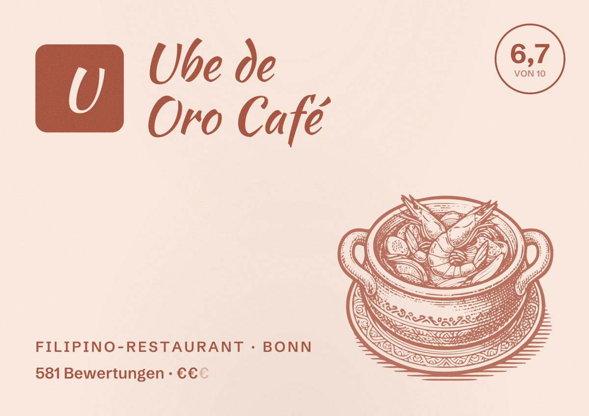 Illustriertes Poster von Ube de Oro Café, Filipino-Restaurant in Bonn: Bewertung 6,7 von 10 aus 581 Bewertungen, Preisniveau €€