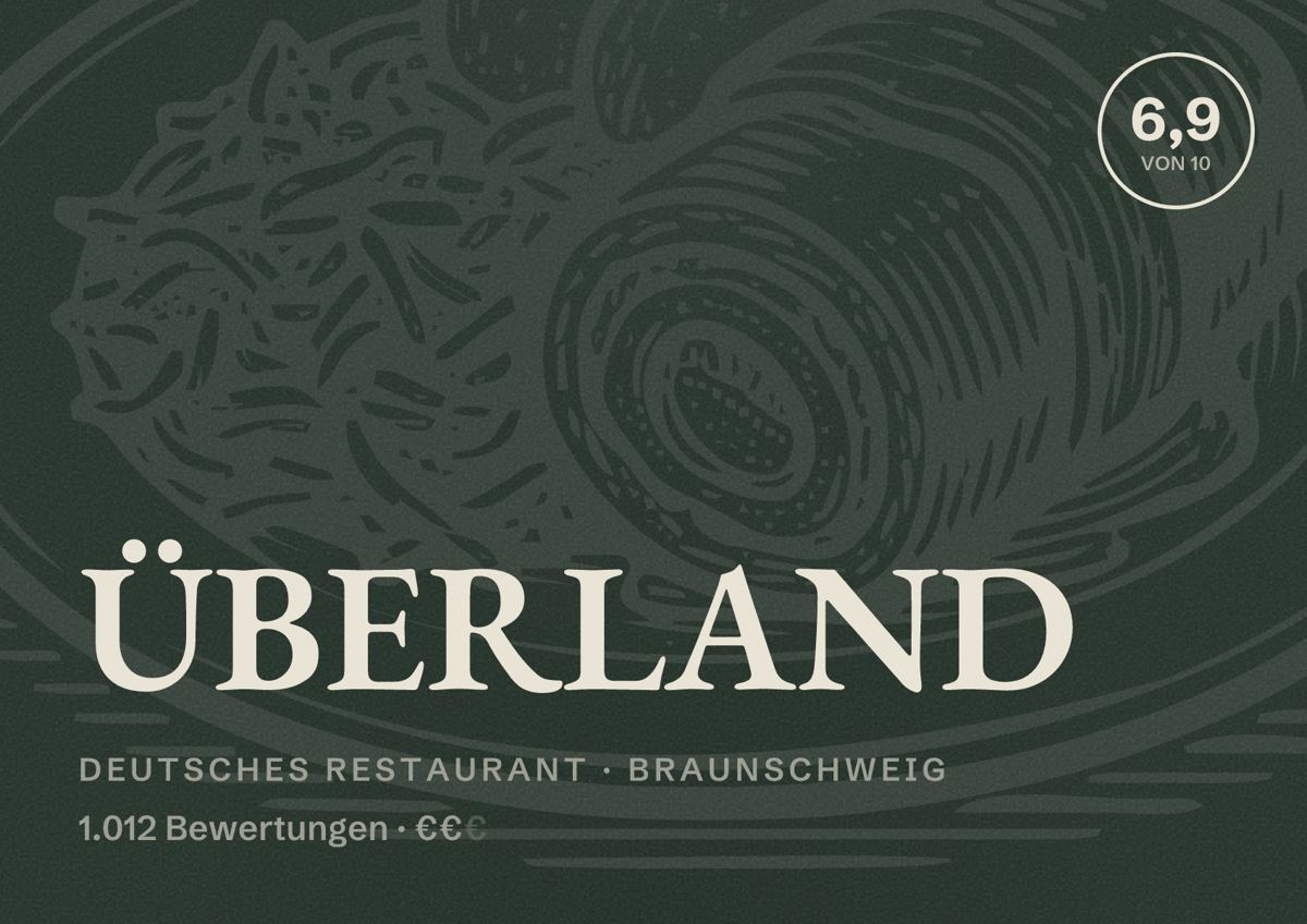 Illustriertes Poster von ÜBERLAND, Deutsches Restaurant in Braunschweig: Bewertung 6,9 von 10 aus 1.012 Bewertungen, Preisniveau €€