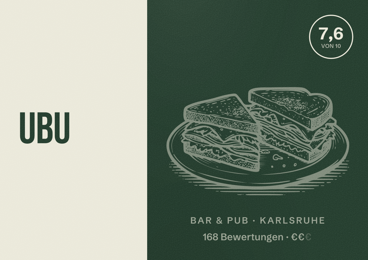 Illustriertes Poster von uBu, Bar & Pub in Karlsruhe: Bewertung 7,6 von 10 aus 168 Bewertungen, Preisniveau €€