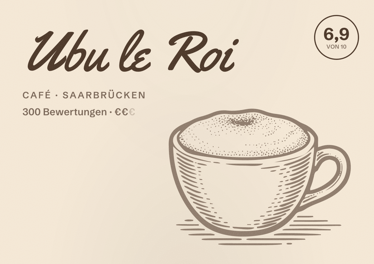 Illustriertes Poster von Ubu le Roi, Café in Saarbrücken: Bewertung 6,9 von 10 aus 300 Bewertungen, Preisniveau €€