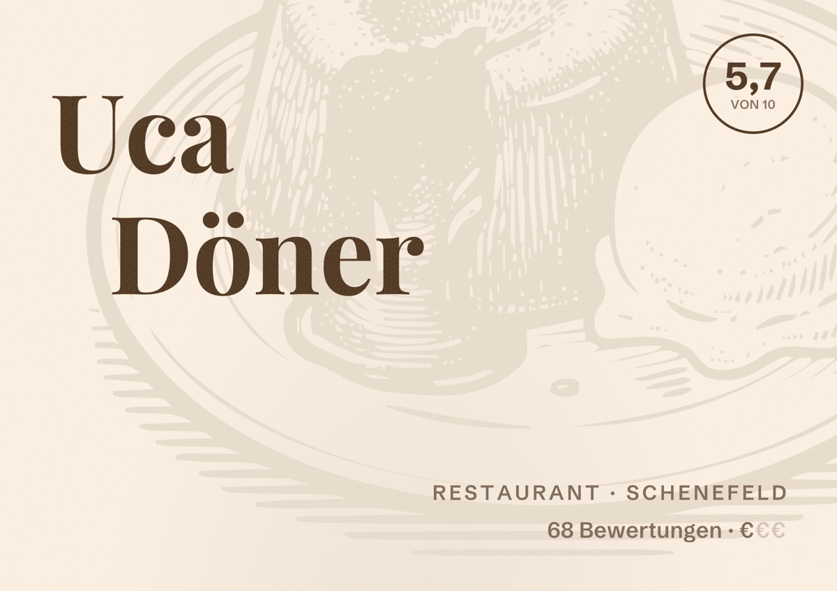 Illustriertes Poster von Uca Döner, Restaurant in Schenefeld: Bewertung 5,7 von 10 aus 68 Bewertungen, Preisniveau €