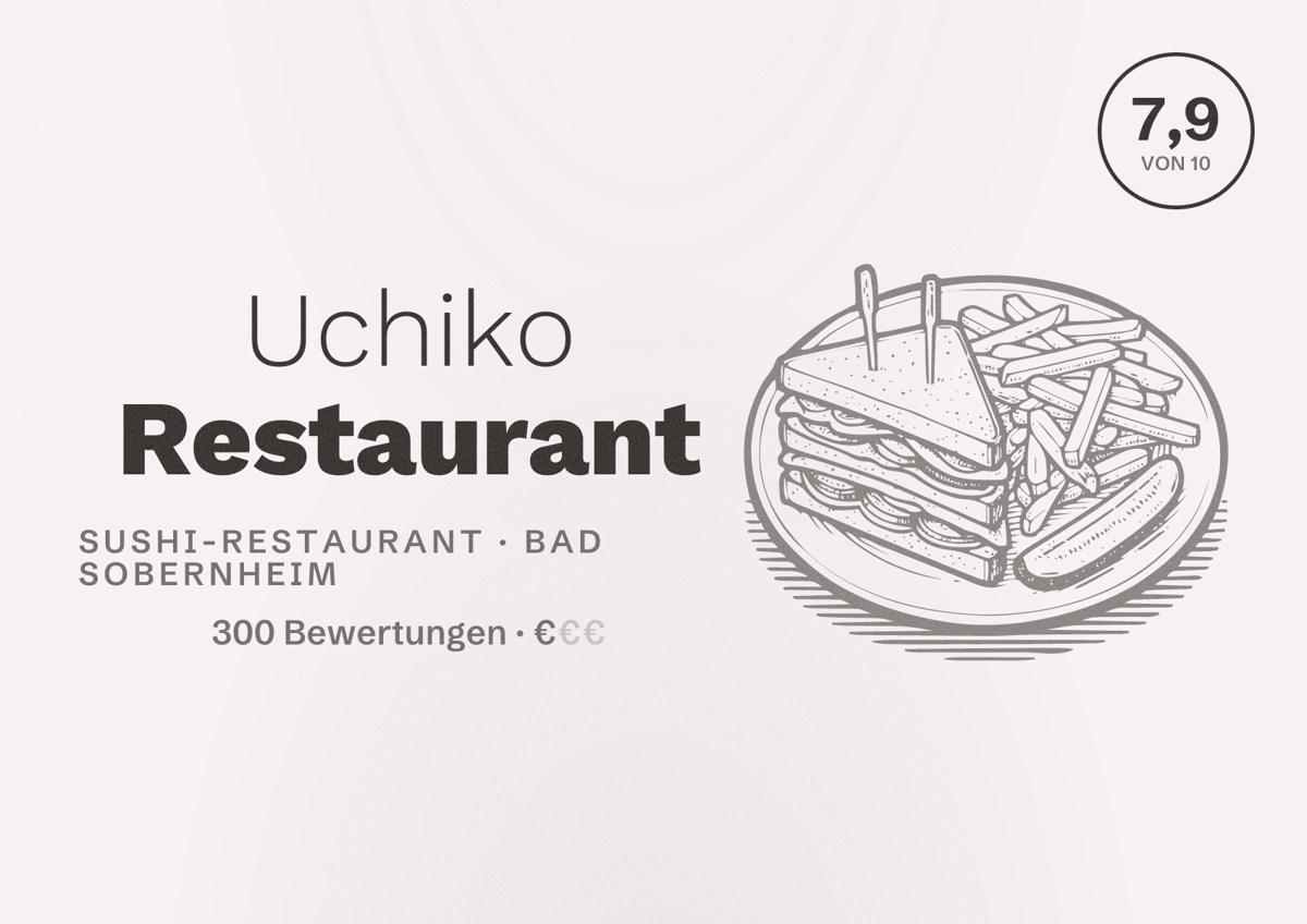 Illustriertes Poster von Uchiko Restaurant, Sushi-Restaurant in Bad Sobernheim: Bewertung 7,9 von 10 aus 300 Bewertungen, Preisniveau €