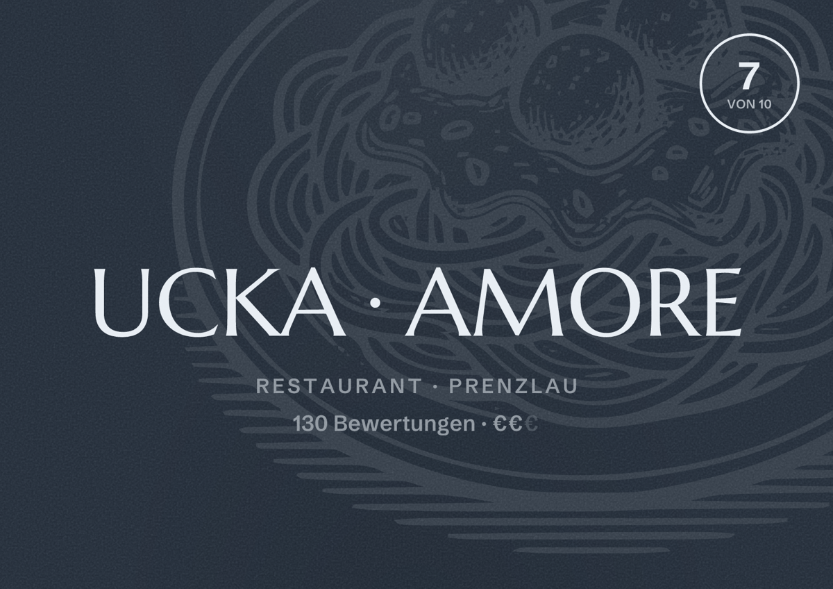 Illustriertes Poster von UCKA AMORE, Restaurant in Prenzlau: Bewertung 7 von 10 aus 130 Bewertungen, Preisniveau €€