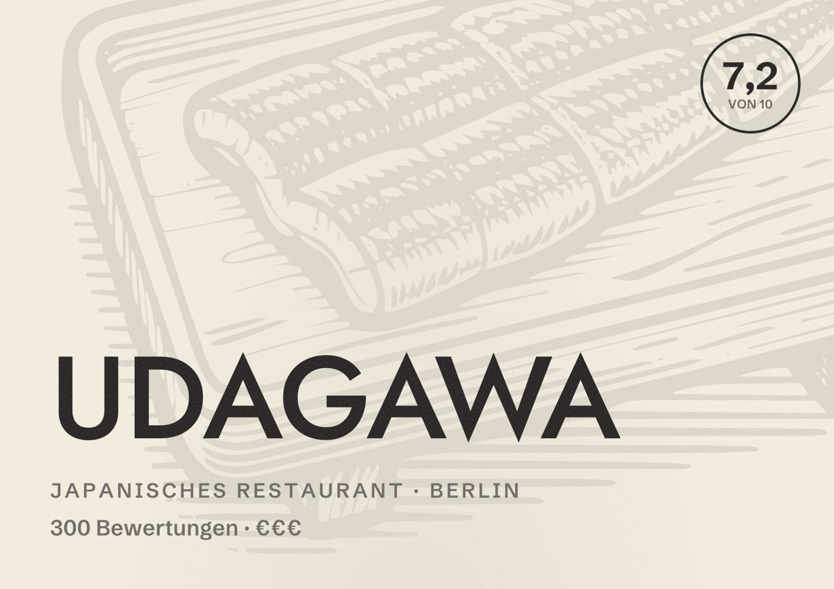 Illustriertes Poster von UDAGAWA, Japanisches Restaurant in Berlin: Bewertung 7,2 von 10 aus 300 Bewertungen, Preisniveau €€€