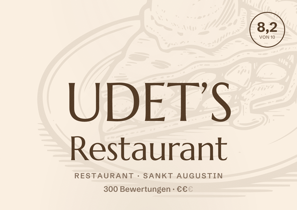 Illustriertes Poster von UDET’S Restaurant, Restaurant in Sankt Augustin: Bewertung 8,2 von 10 aus 300 Bewertungen, Preisniveau €€