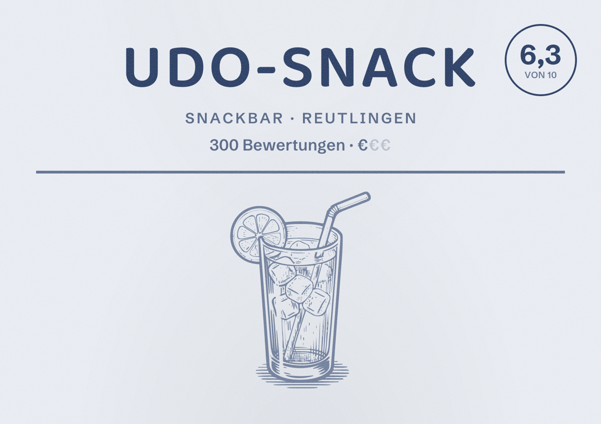 Illustriertes Poster von Udo-Snack, Snackbar in Reutlingen: Bewertung 6,3 von 10 aus 300 Bewertungen, Preisniveau €