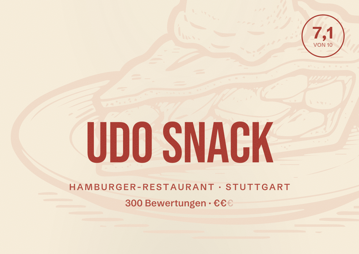 Illustriertes Poster von Udo Snack, Hamburger-Restaurant in Stuttgart: Bewertung 7,1 von 10 aus 300 Bewertungen, Preisniveau €€