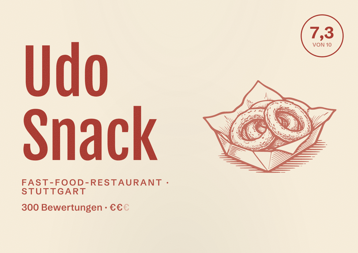 Illustriertes Poster von Udo Snack, Fast-Food-Restaurant in Stuttgart: Bewertung 7,3 von 10 aus 300 Bewertungen, Preisniveau €€