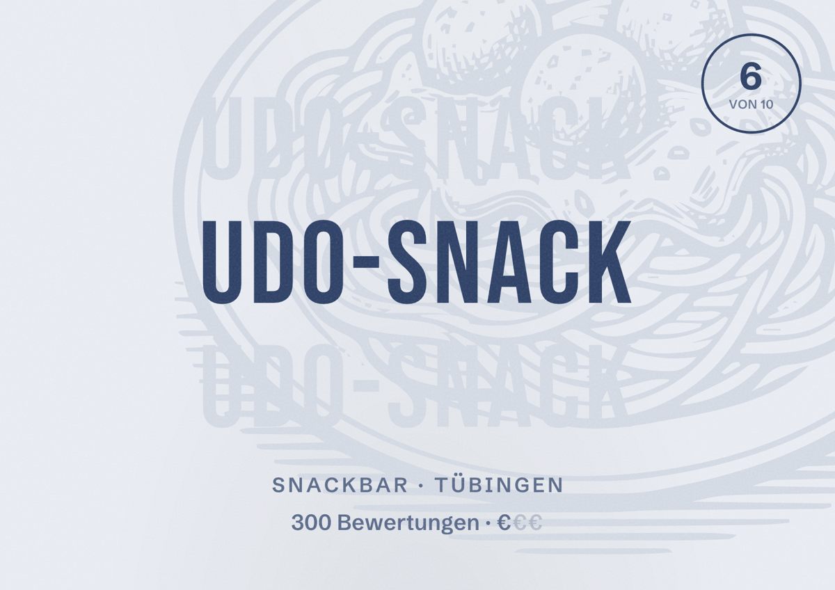 Illustriertes Poster von udo-snack, Snackbar in Tübingen: Bewertung 6 von 10 aus 300 Bewertungen, Preisniveau €