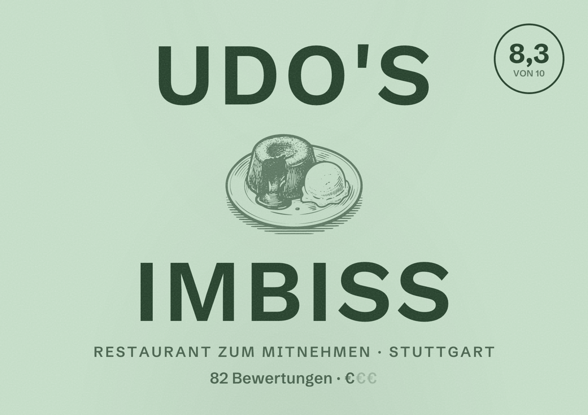 Illustriertes Poster von Udo's Imbiss, Restaurant zum Mitnehmen in Stuttgart: Bewertung 8,3 von 10 aus 82 Bewertungen, Preisniveau €
