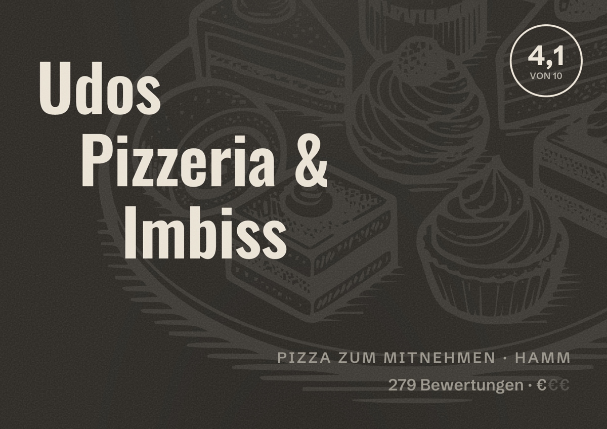 Illustriertes Poster von Udos Pizzeria & Imbiss, Pizza zum Mitnehmen in Hamm: Bewertung 4,1 von 10 aus 279 Bewertungen, Preisniveau €