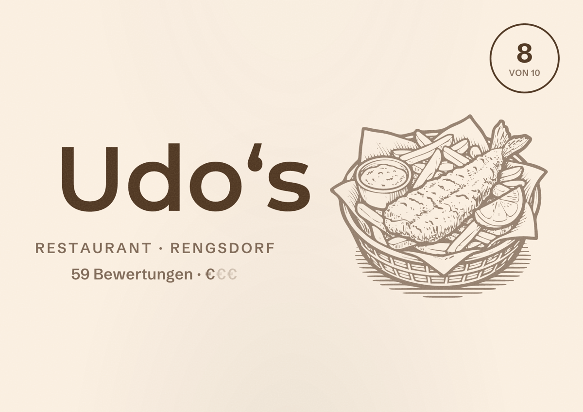 Illustriertes Poster von Udo‘s, Restaurant in Rengsdorf: Bewertung 8 von 10 aus 59 Bewertungen, Preisniveau €