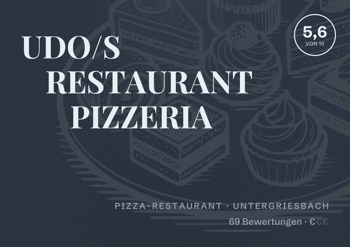 Illustriertes Poster von UDO/S RESTAURANT PIZZERIA, Pizza-Restaurant in Untergriesbach: Bewertung 5,6 von 10 aus 69 Bewertungen, Preisniveau €