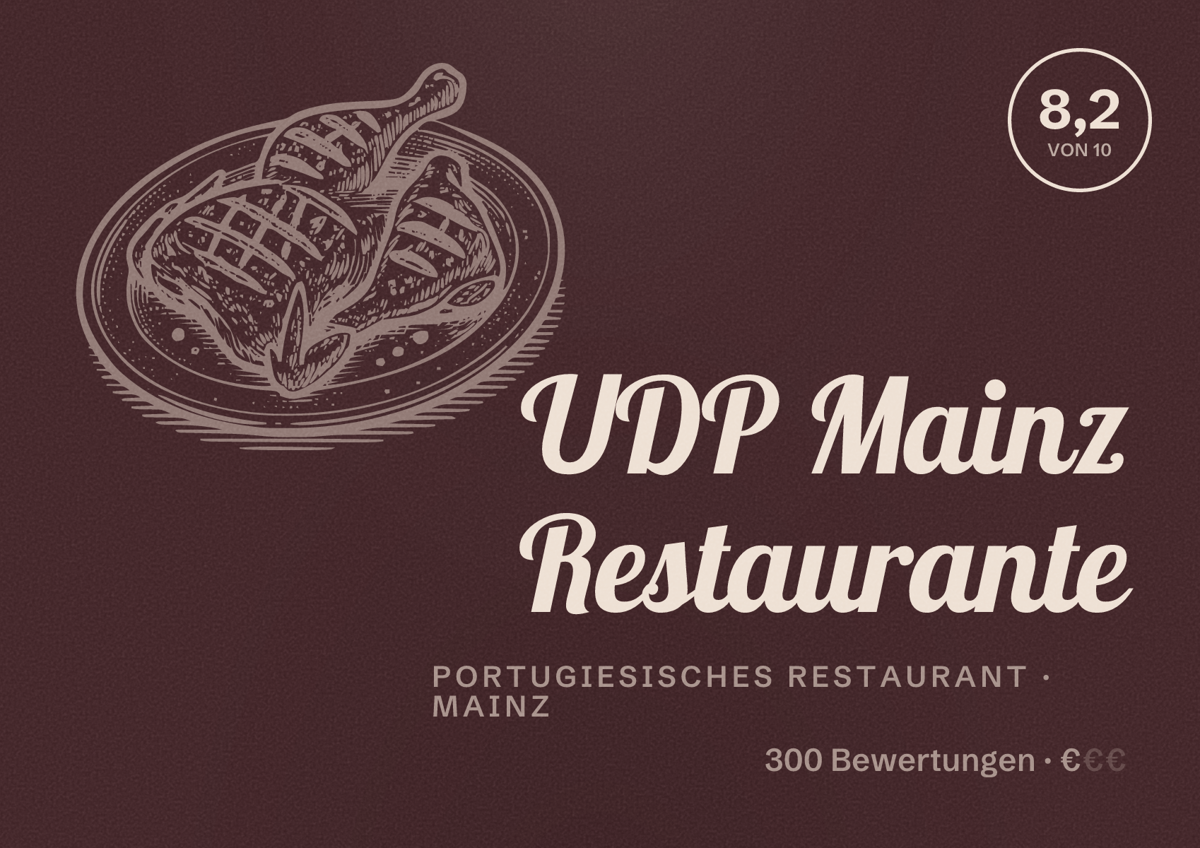 Illustriertes Poster von UDP Mainz Restaurante, Portugiesisches Restaurant in Mainz: Bewertung 8,2 von 10 aus 300 Bewertungen, Preisniveau €