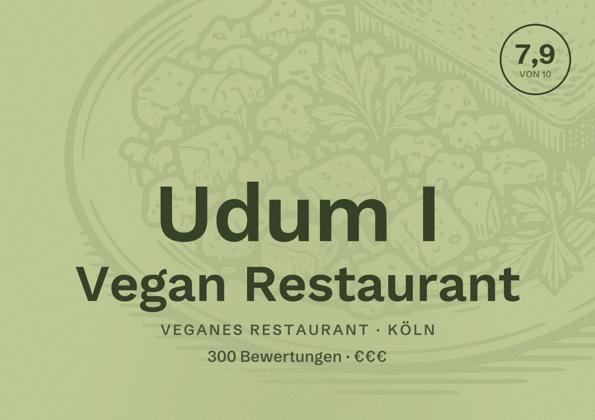 Illustriertes Poster von Udum I Vegan Restaurant, Veganes Restaurant in Köln: Bewertung 7,9 von 10 aus 300 Bewertungen, Preisniveau €€€