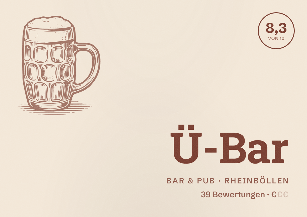 Illustriertes Poster von Ü-Bar, Bar & Pub in Rheinböllen: Bewertung 8,3 von 10 aus 39 Bewertungen, Preisniveau €