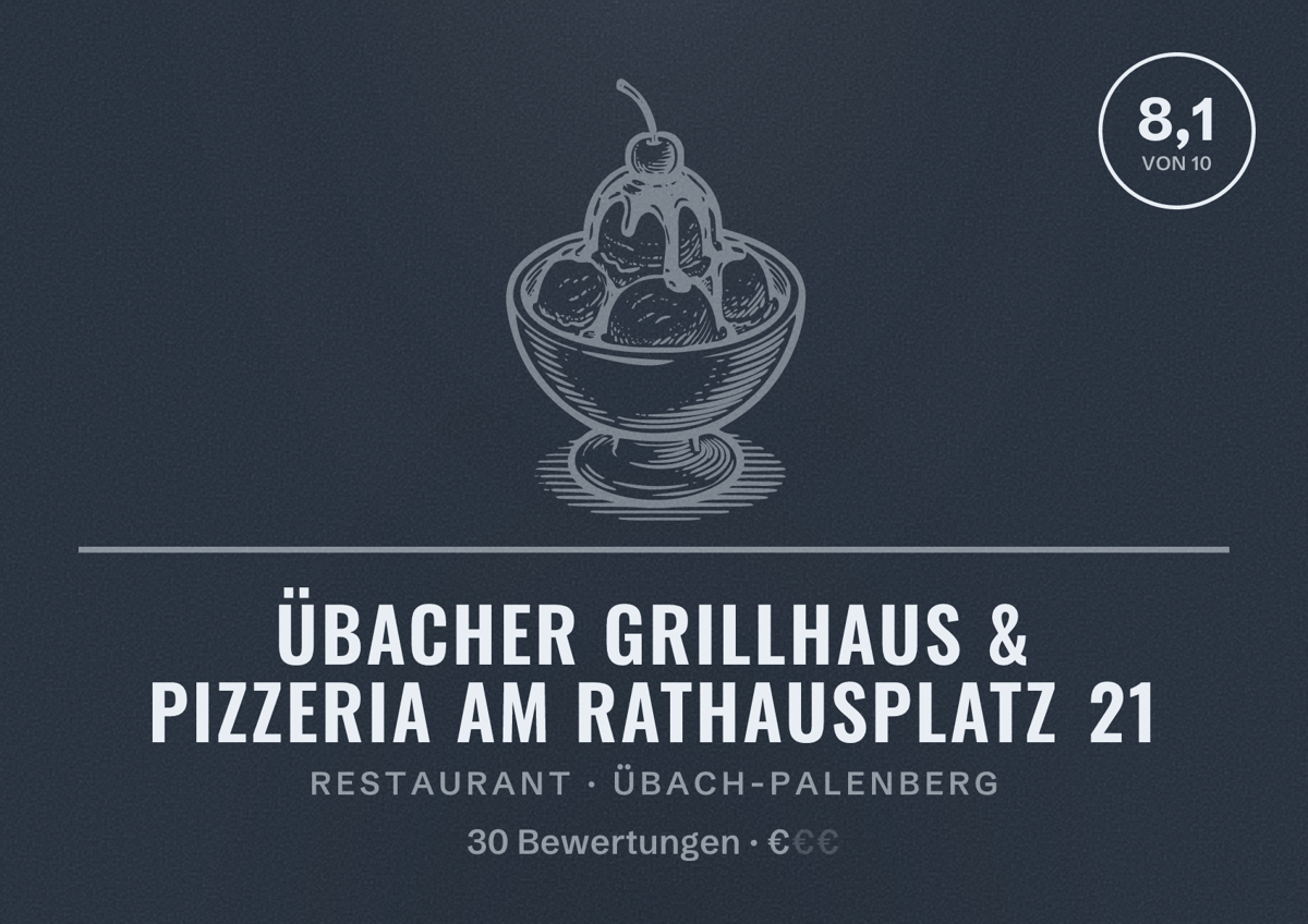Illustriertes Poster von Übacher Grillhaus & Pizzeria am Rathausplatz 21, Restaurant in Übach-Palenberg: Bewertung 8,1 von 10 aus 30 Bewertungen, Preisniveau €