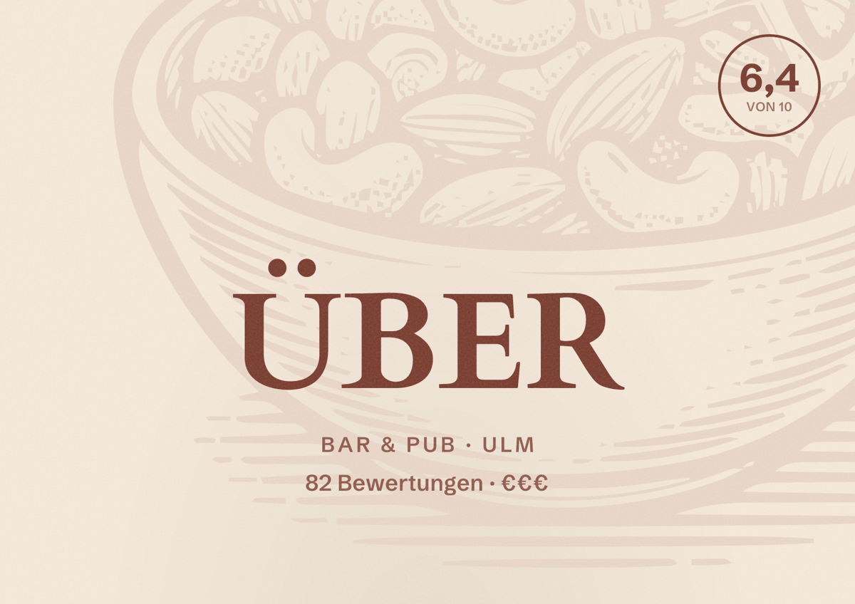Illustriertes Poster von ÜBER, Bar & Pub in Ulm: Bewertung 6,4 von 10 aus 82 Bewertungen, Preisniveau €€€
