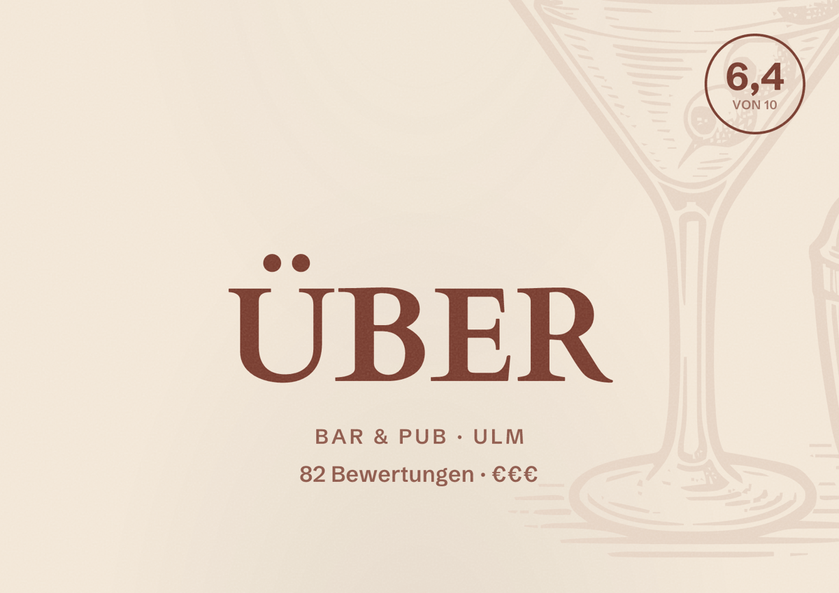 Illustriertes Poster von ÜBER, Bar & Pub in Ulm: Bewertung 6,4 von 10 aus 82 Bewertungen, Preisniveau €€€