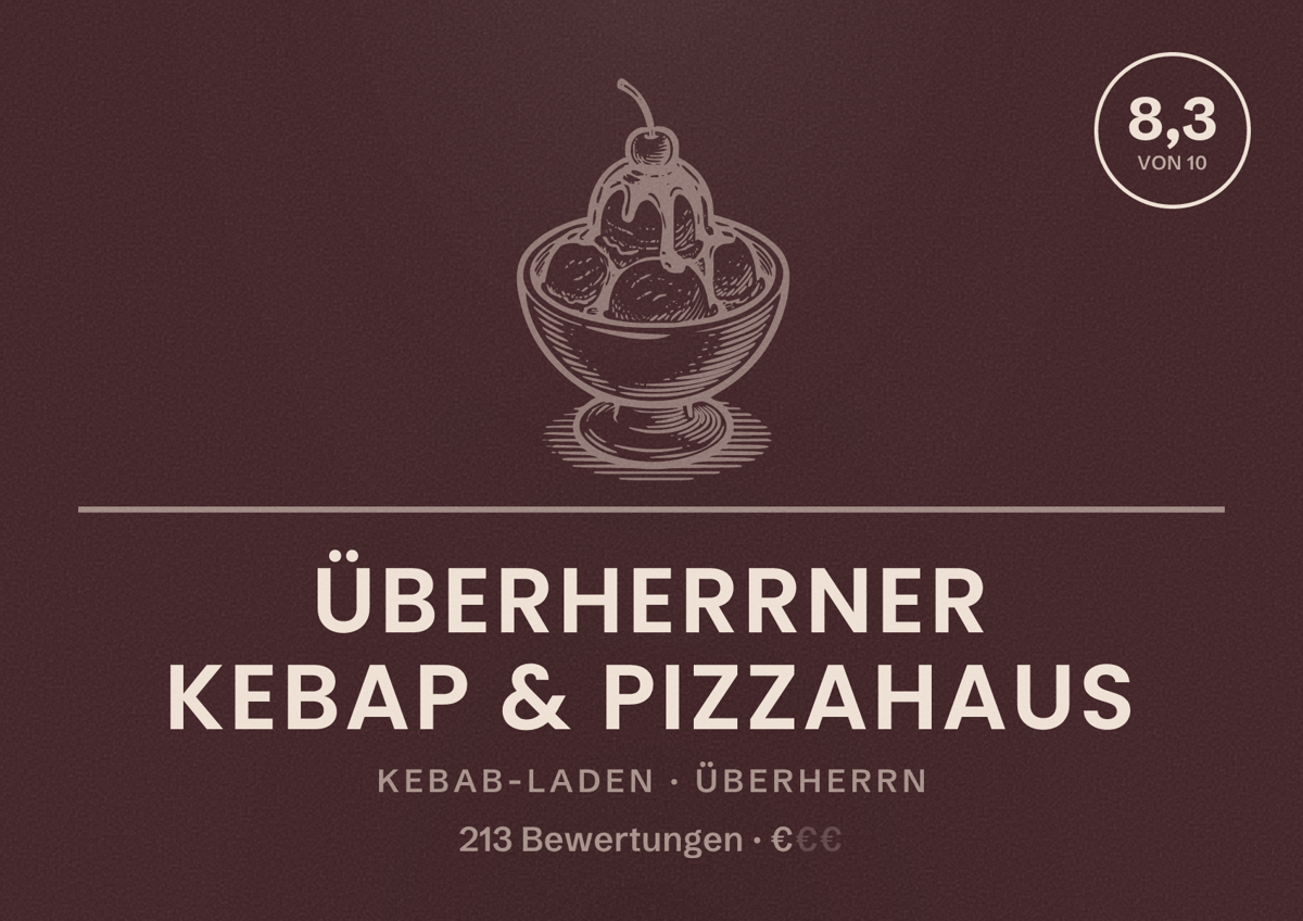 Illustriertes Poster von Überherrner Kebap & Pizzahaus, Kebab-Laden in Überherrn: Bewertung 8,3 von 10 aus 213 Bewertungen, Preisniveau €