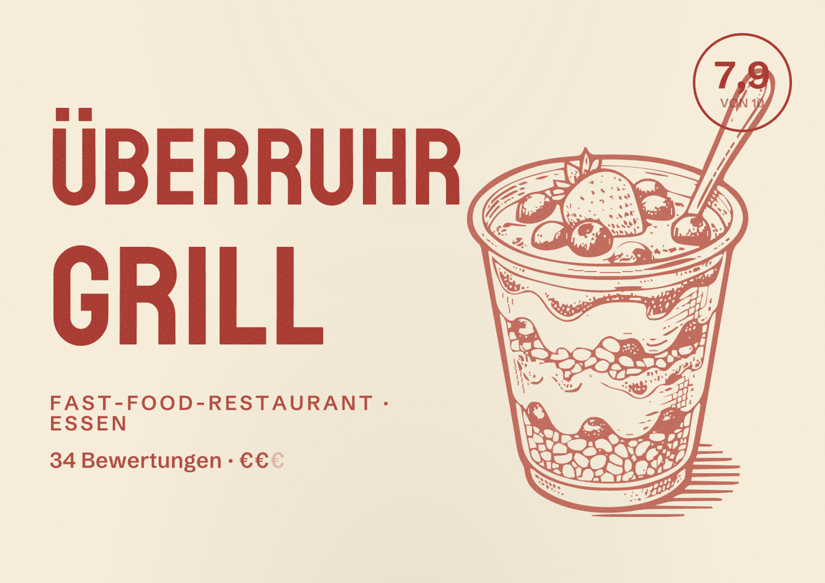 Illustriertes Poster von Überruhr Grill, Fast-Food-Restaurant in Essen: Bewertung 7,9 von 10 aus 34 Bewertungen, Preisniveau €€