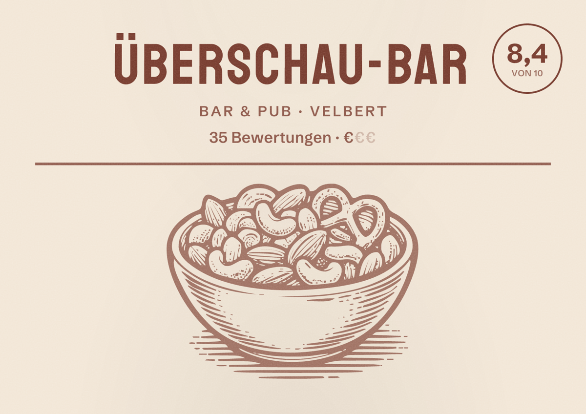 Illustriertes Poster von überschau-bar, Bar & Pub in Velbert: Bewertung 8,4 von 10 aus 35 Bewertungen, Preisniveau €