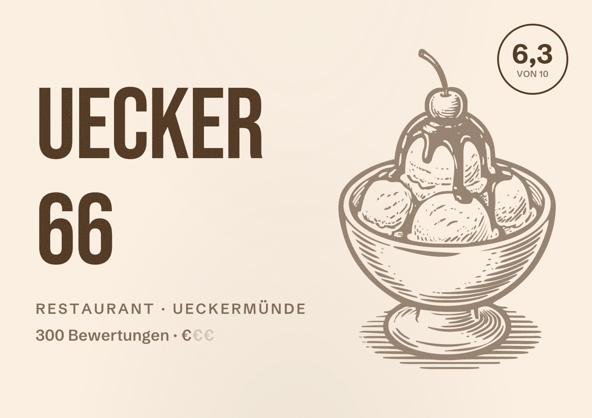 Illustriertes Poster von Uecker 66, Restaurant in Ueckermünde: Bewertung 6,3 von 10 aus 300 Bewertungen, Preisniveau €