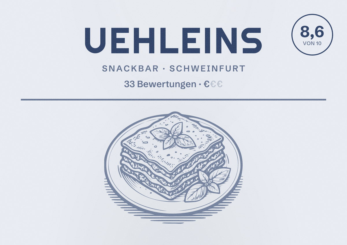 Illustriertes Poster von Uehleins, Snackbar in Schweinfurt: Bewertung 8,6 von 10 aus 33 Bewertungen, Preisniveau €