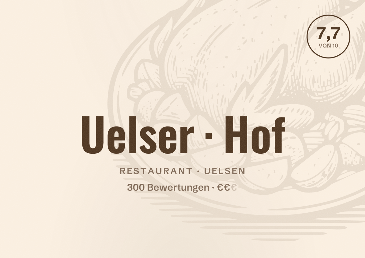 Illustriertes Poster von Uelser Hof, Restaurant in Uelsen: Bewertung 7,7 von 10 aus 300 Bewertungen, Preisniveau €€