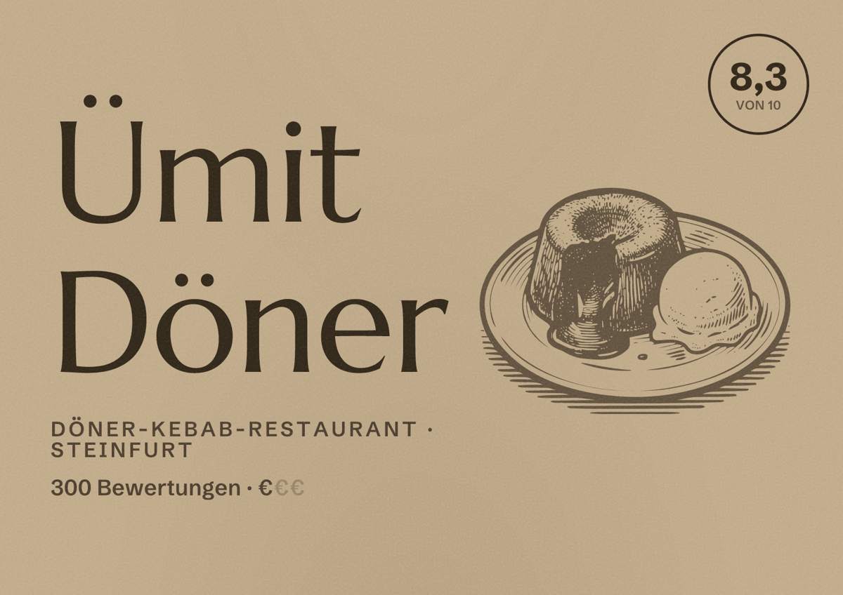 Illustriertes Poster von Ümit Döner, Döner-Kebab-Restaurant in Steinfurt: Bewertung 8,3 von 10 aus 300 Bewertungen, Preisniveau €