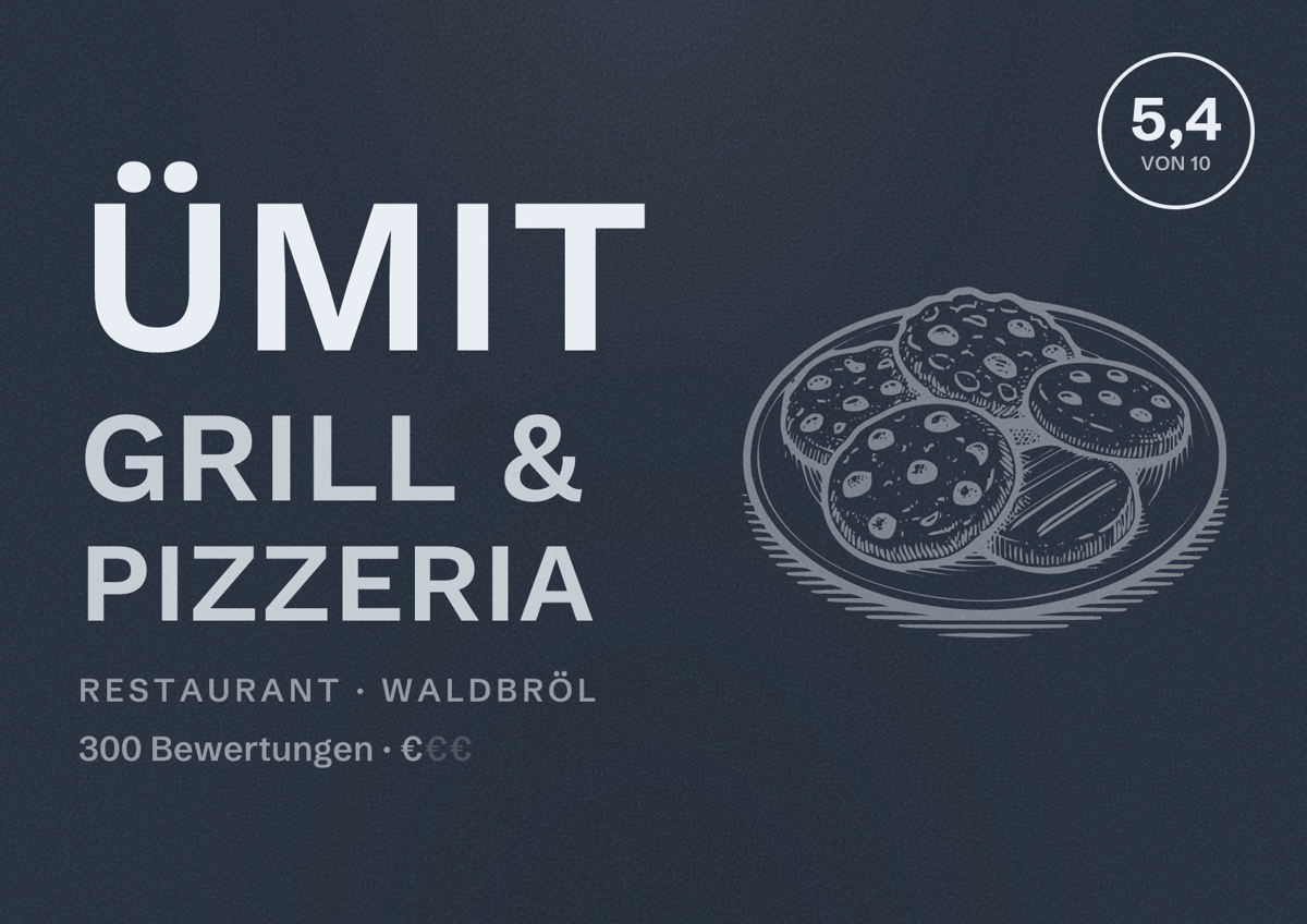 Illustriertes Poster von Ümit Grill & Pizzeria, Restaurant in Waldbröl: Bewertung 5,4 von 10 aus 300 Bewertungen, Preisniveau €
