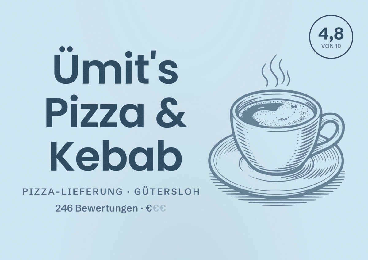 Illustriertes Poster von Ümit's Pizza & Kebab, Pizza-Lieferung in Gütersloh: Bewertung 4,8 von 10 aus 246 Bewertungen, Preisniveau €
