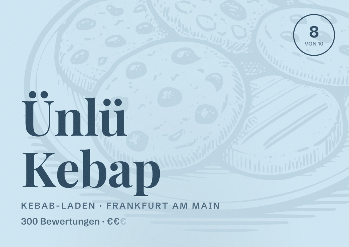 Illustriertes Poster von Ünlü Kebap, Kebab-Laden in Frankfurt am Main: Bewertung 8 von 10 aus 300 Bewertungen, Preisniveau €€