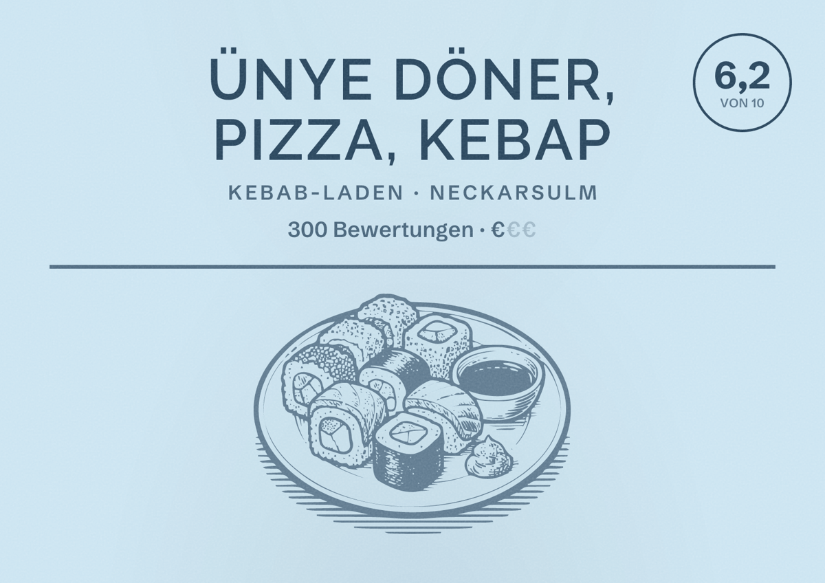 Illustriertes Poster von Ünye Döner, Pizza, Kebap, Kebab-Laden in Neckarsulm: Bewertung 6,2 von 10 aus 300 Bewertungen, Preisniveau €