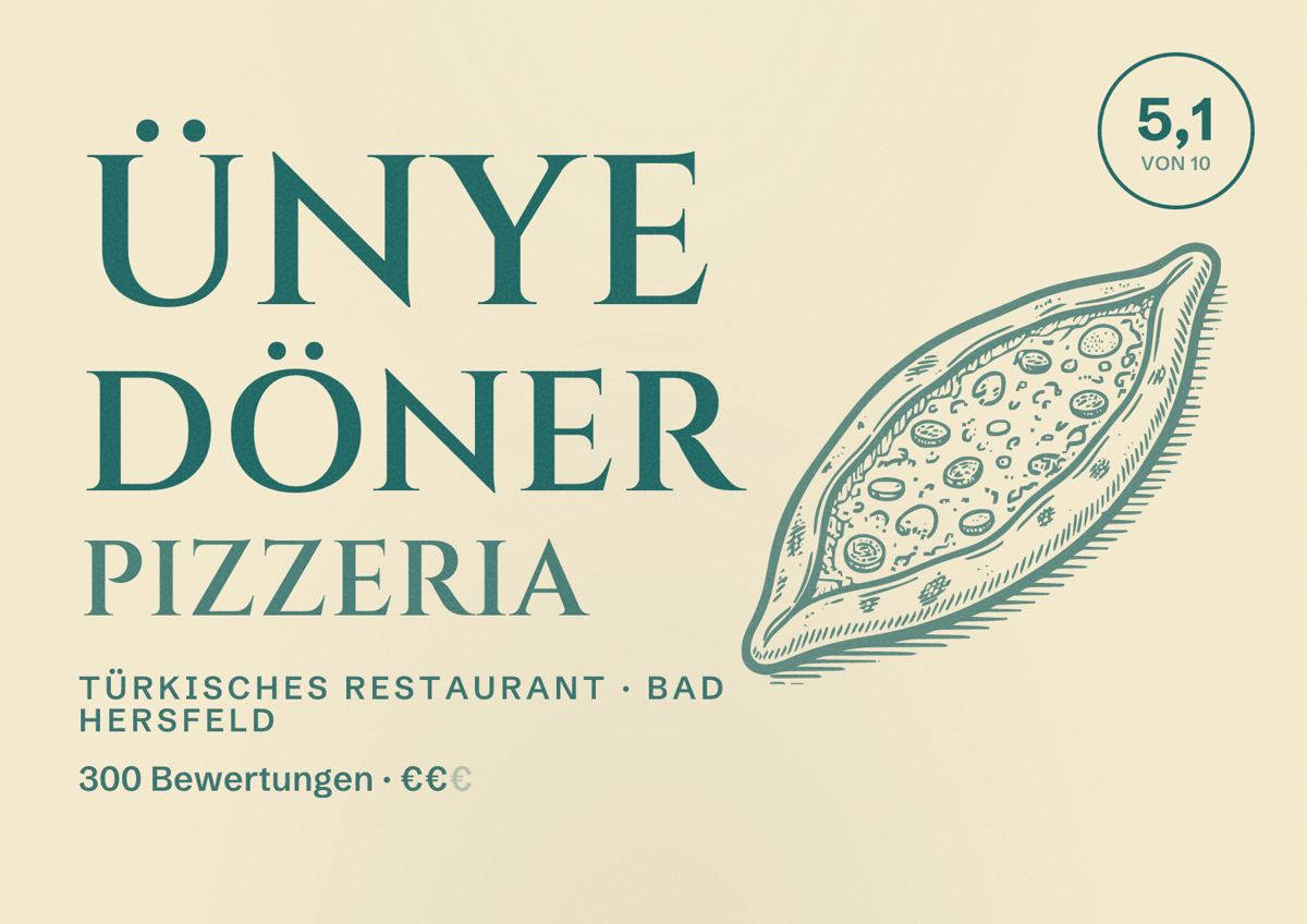 Illustriertes Poster von Ünye Döner Pizzeria, Türkisches Restaurant in Bad Hersfeld: Bewertung 5,1 von 10 aus 300 Bewertungen, Preisniveau €€