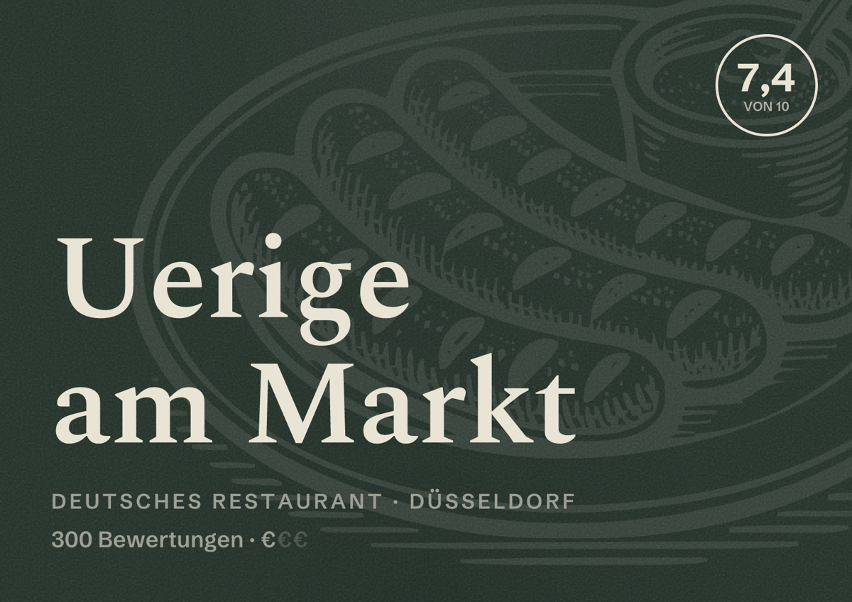 Illustriertes Poster von Uerige am Markt, Deutsches Restaurant in Düsseldorf: Bewertung 7,4 von 10 aus 300 Bewertungen, Preisniveau €