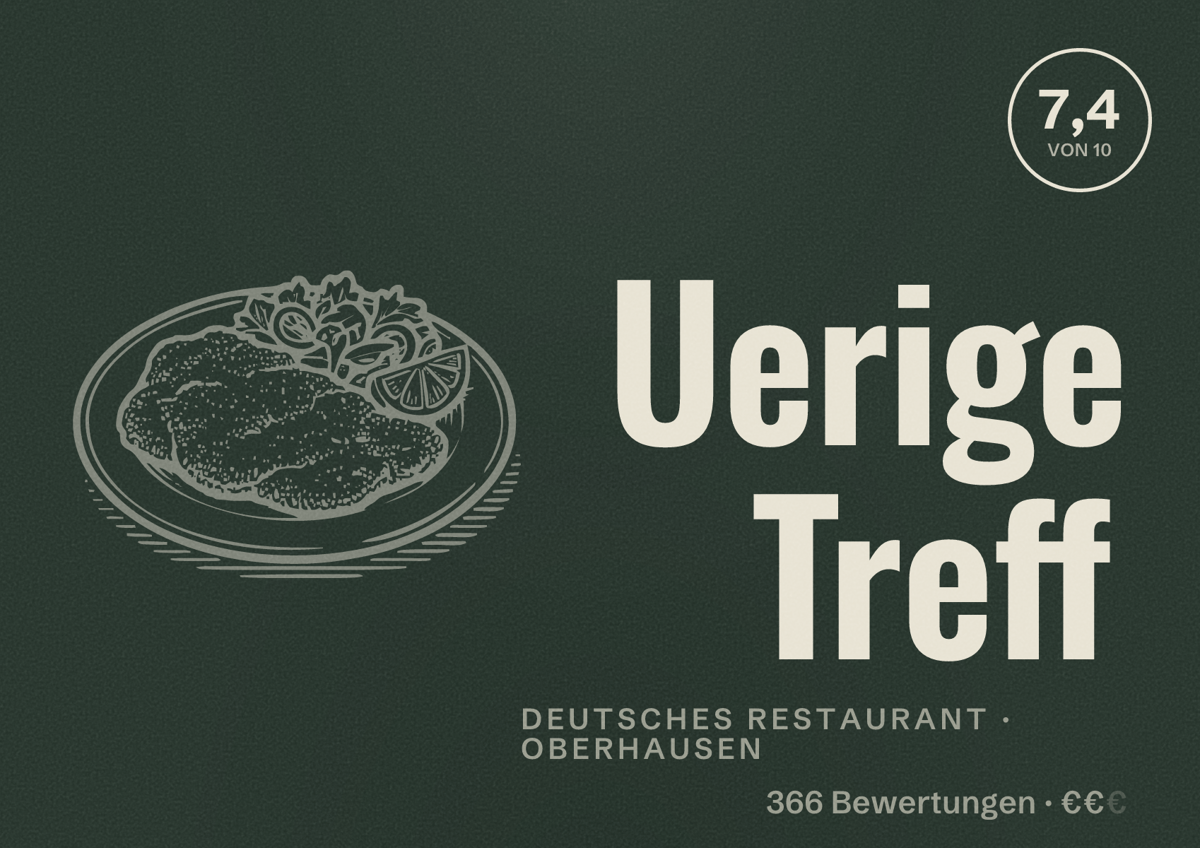 Illustriertes Poster von Uerige Treff, Deutsches Restaurant in Oberhausen: Bewertung 7,4 von 10 aus 366 Bewertungen, Preisniveau €€