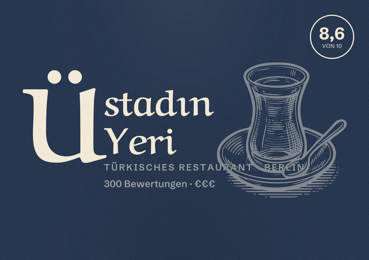 Illustriertes Poster von Üstadın Yeri, Türkisches Restaurant in Berlin: Bewertung 8,6 von 10 aus 300 Bewertungen, Preisniveau €€€