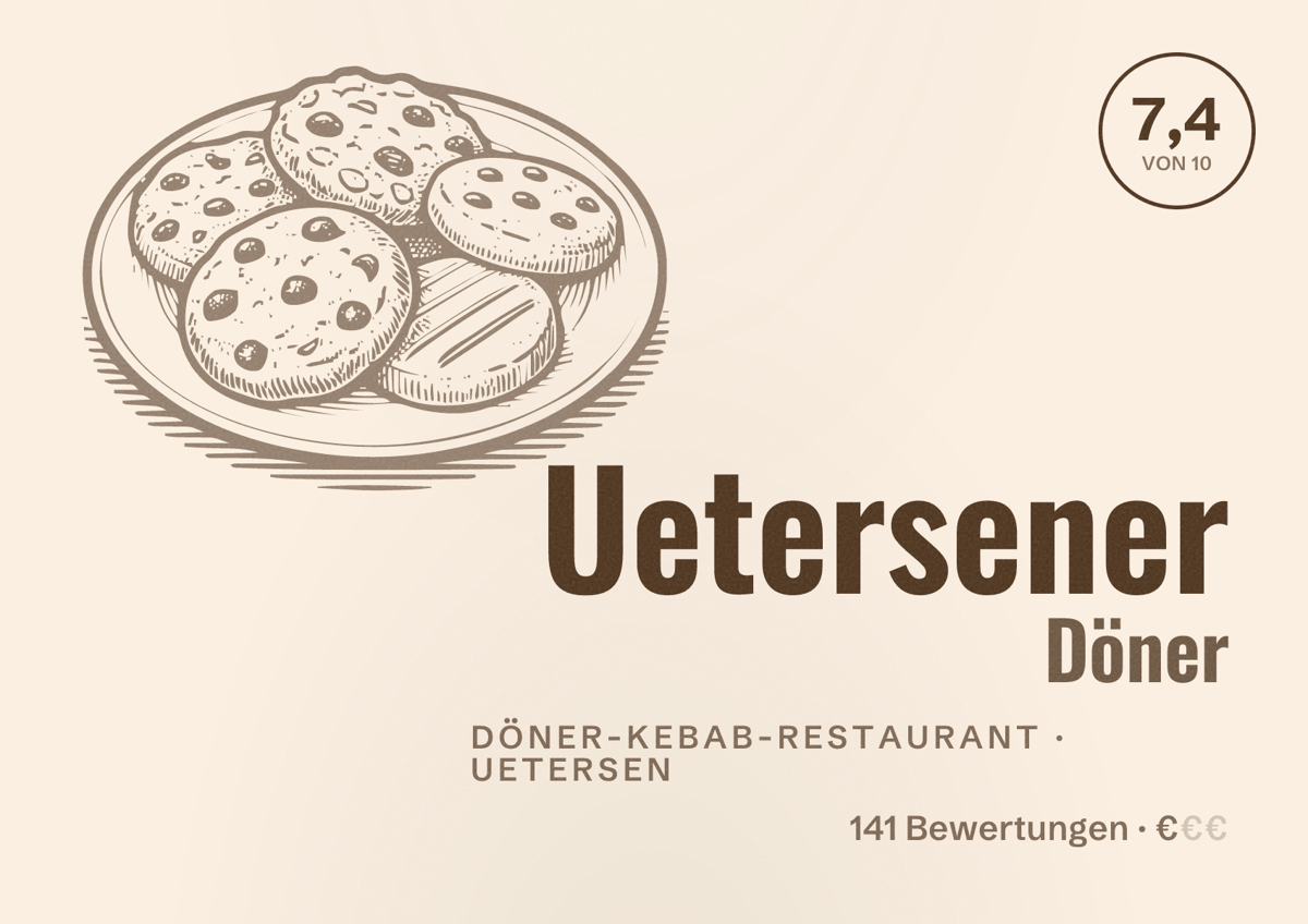 Illustriertes Poster von Uetersener Döner, Döner-Kebab-Restaurant in Uetersen: Bewertung 7,4 von 10 aus 141 Bewertungen, Preisniveau €