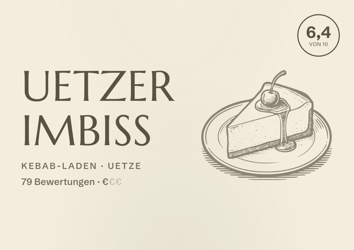 Illustriertes Poster von Uetzer Imbiss, Kebab-Laden in Uetze: Bewertung 6,4 von 10 aus 79 Bewertungen, Preisniveau €
