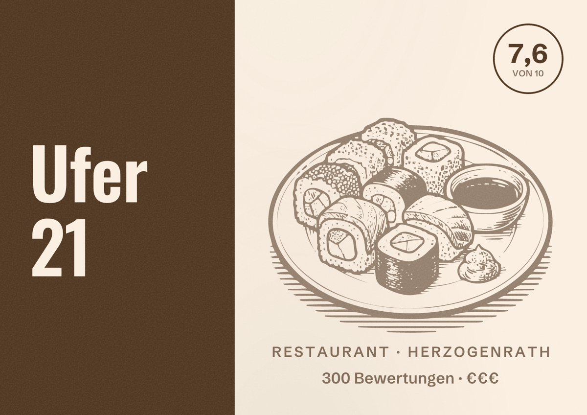 Illustriertes Poster von Ufer 21, Restaurant in Herzogenrath: Bewertung 7,6 von 10 aus 300 Bewertungen, Preisniveau €€€