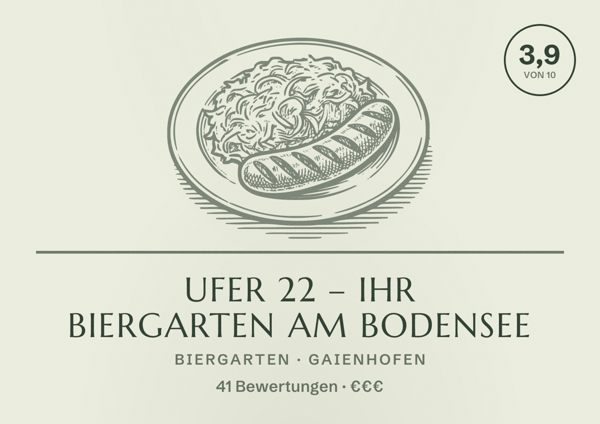 Illustriertes Poster von UFER 22 – Ihr Biergarten am Bodensee, Biergarten in Gaienhofen: Bewertung 3,9 von 10 aus 41 Bewertungen, Preisniveau €€€