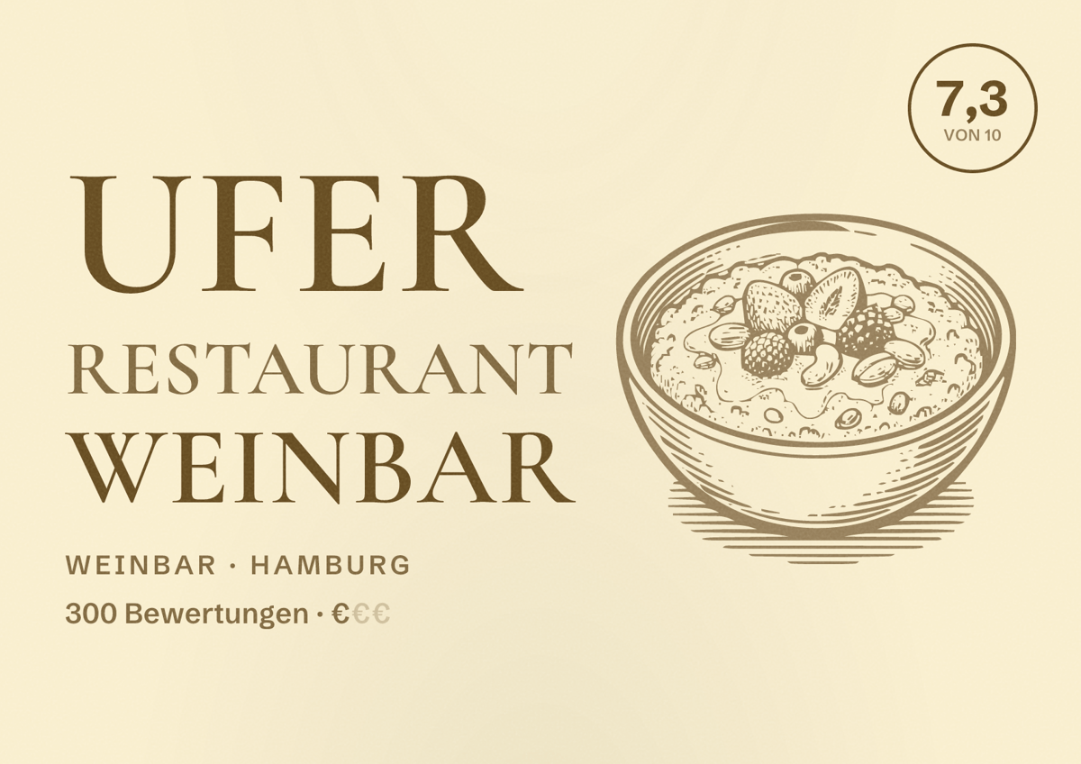 Illustriertes Poster von Ufer Restaurant Weinbar, Weinbar in Hamburg: Bewertung 7,3 von 10 aus 300 Bewertungen, Preisniveau €