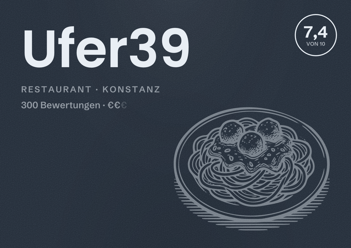 Illustriertes Poster von Ufer39, Restaurant in Konstanz: Bewertung 7,4 von 10 aus 300 Bewertungen, Preisniveau €€