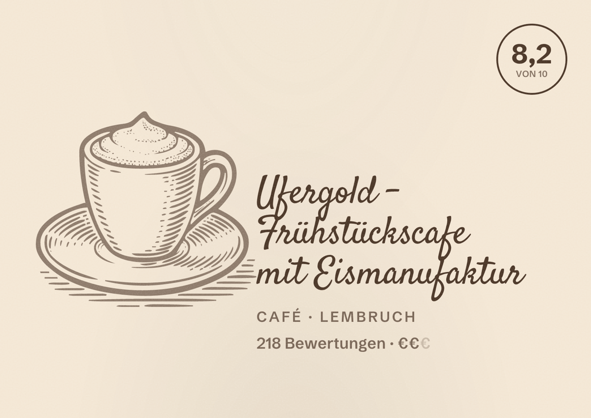 Illustriertes Poster von Ufergold - Frühstückscafe mit Eismanufaktur, Café in Lembruch: Bewertung 8,2 von 10 aus 218 Bewertungen, Preisniveau €€
