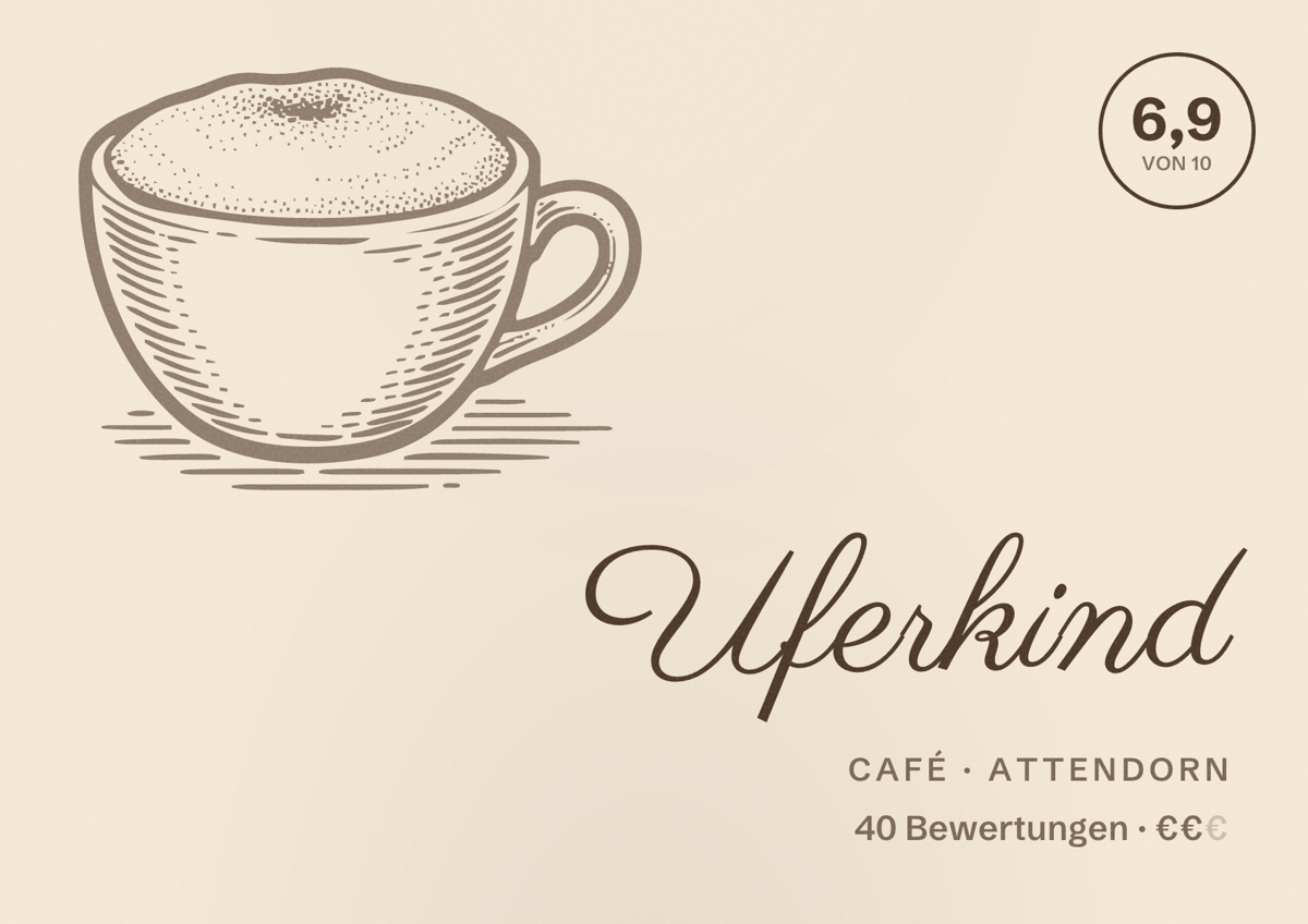 Illustriertes Poster von Uferkind, Café in Attendorn: Bewertung 6,9 von 10 aus 40 Bewertungen, Preisniveau €€
