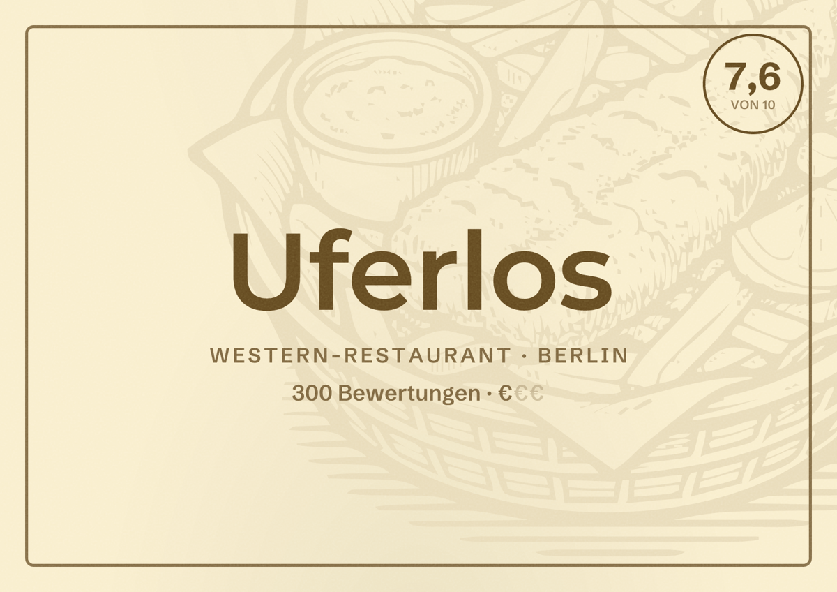 Illustriertes Poster von Uferlos, Western-Restaurant in Berlin: Bewertung 7,6 von 10 aus 300 Bewertungen, Preisniveau €